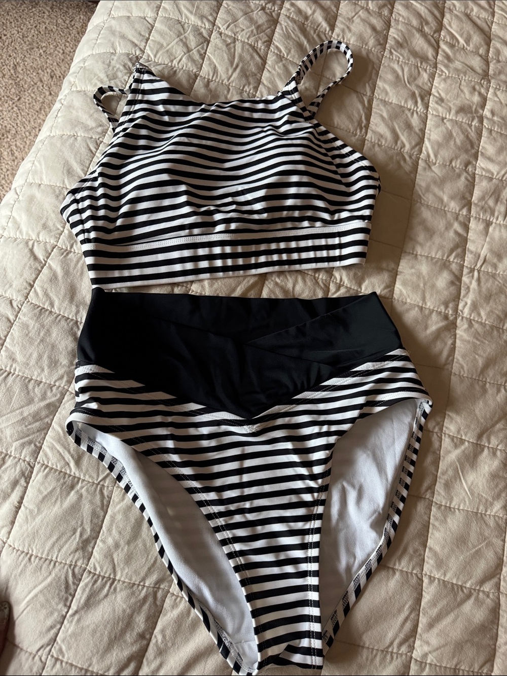 Striped Black & White Two-Piece High-Waist Bikini size S